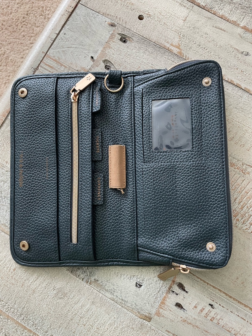 Black Pebbled Leather Zip Passport Wallet with Gold Zipper/Dark Navy